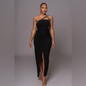 A black and gold slit maxi dress